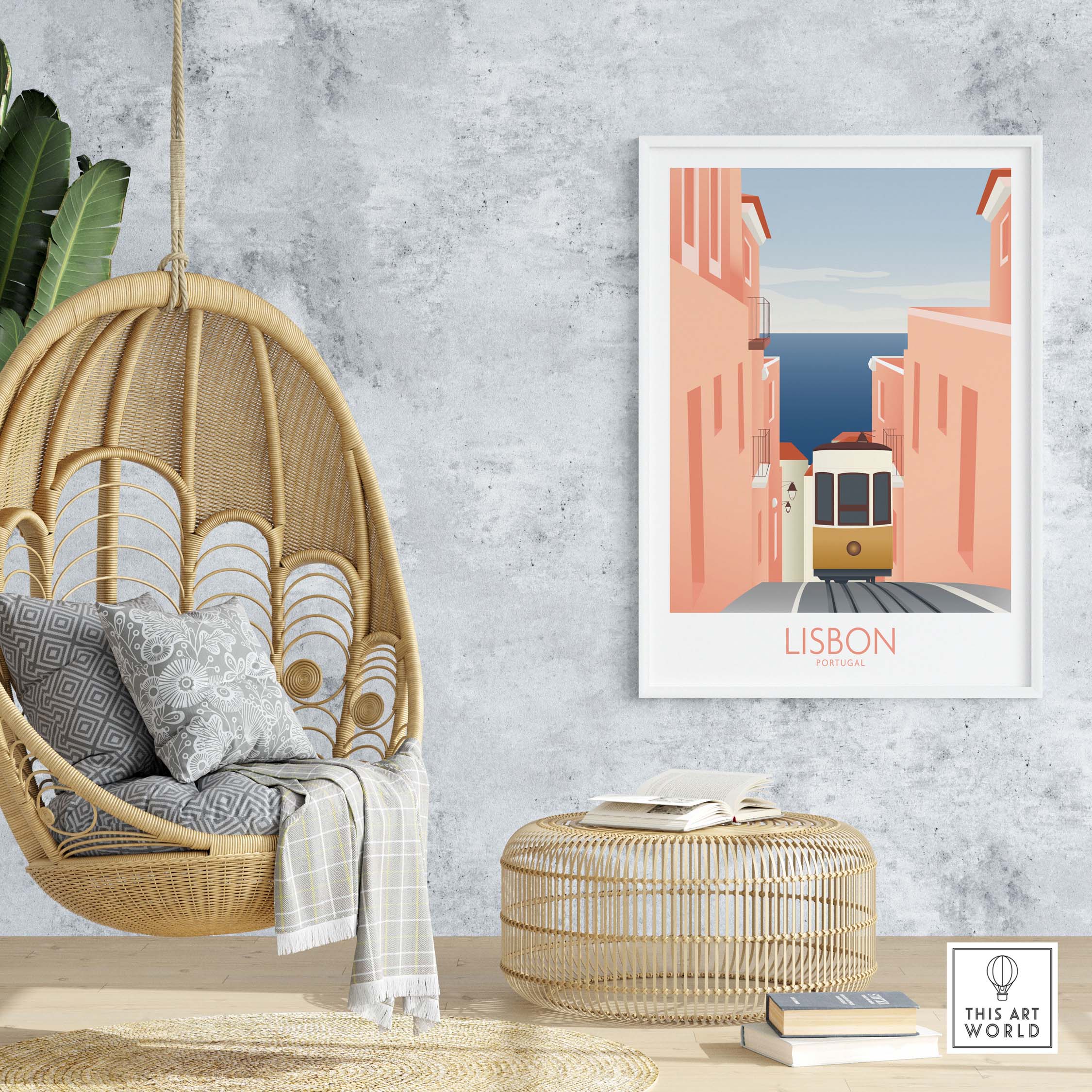 Lisbon Wall Art Poster Print displayed in a modern home setting with a woven chair and decorative elements.