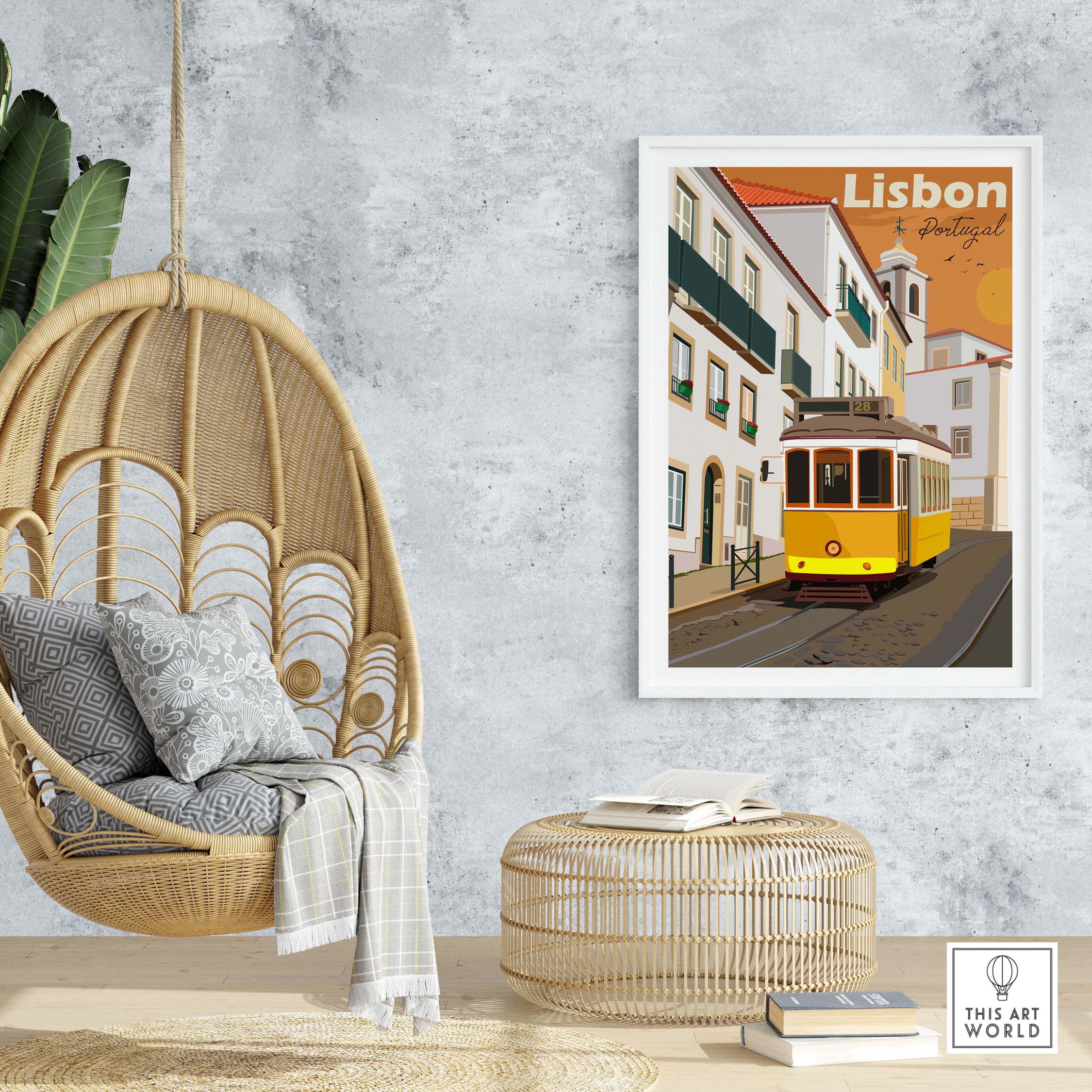 Lisbon vintage travel poster in a modern living room with wicker chair and decor accents, showcasing Lisbon's iconic tram.