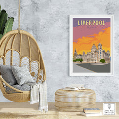 Liverpool vintage travel poster displayed in a stylish home setting with a hanging chair and natural decor.