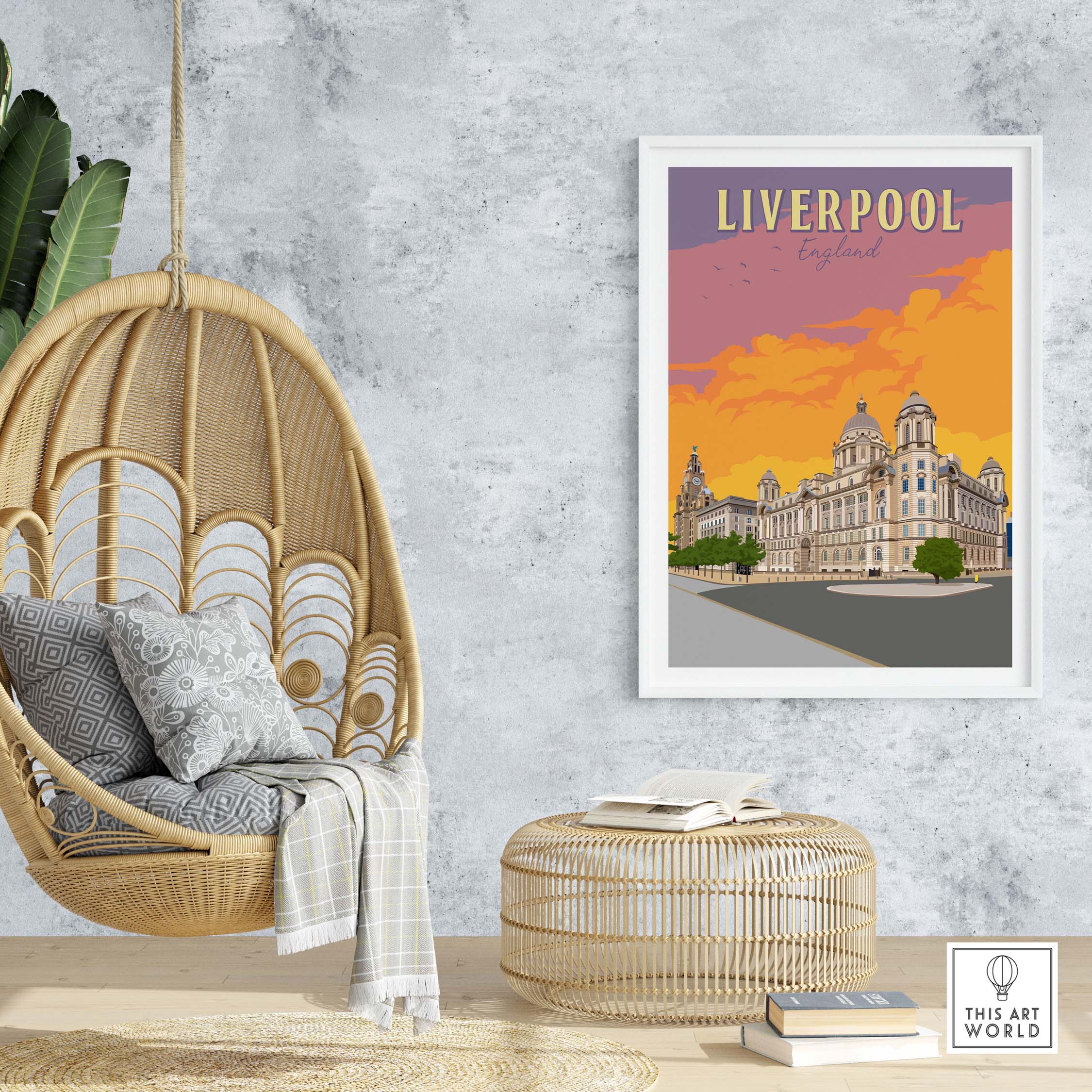 Liverpool vintage travel poster displayed in a stylish home setting with a hanging chair and natural decor.
