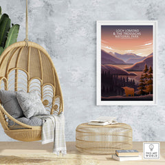 Loch Lomond and The Trossachs National Park poster in a stylish home setting with a hanging chair and decorative furnishings.