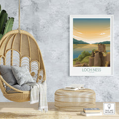 Loch Ness Print Scotland Travel Poster displayed in a stylish interior with hanging chair and natural decor.