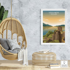 Framed Loch Ness Wall Art Print showcasing Scotland scenery in a stylish home setting with modern decor.