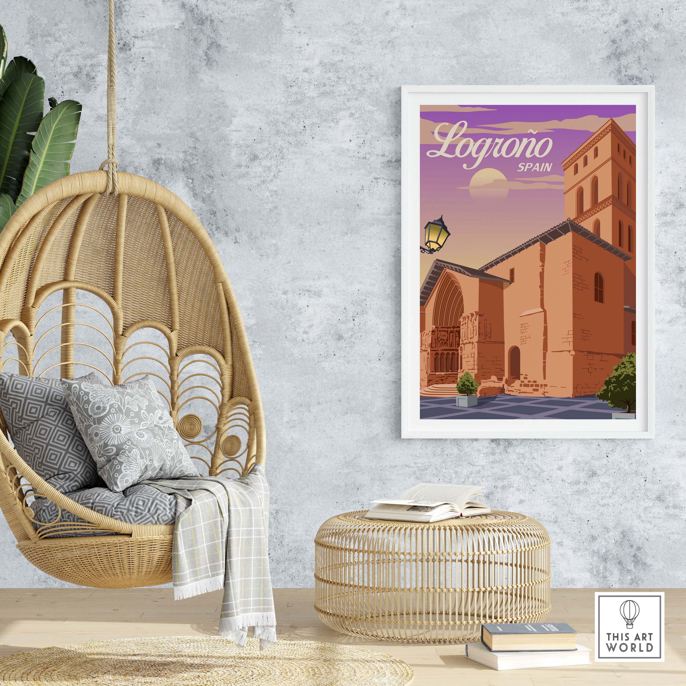 Framed Logrono Spain Print on wall, showcasing vintage travel art style in a cozy interior setting.