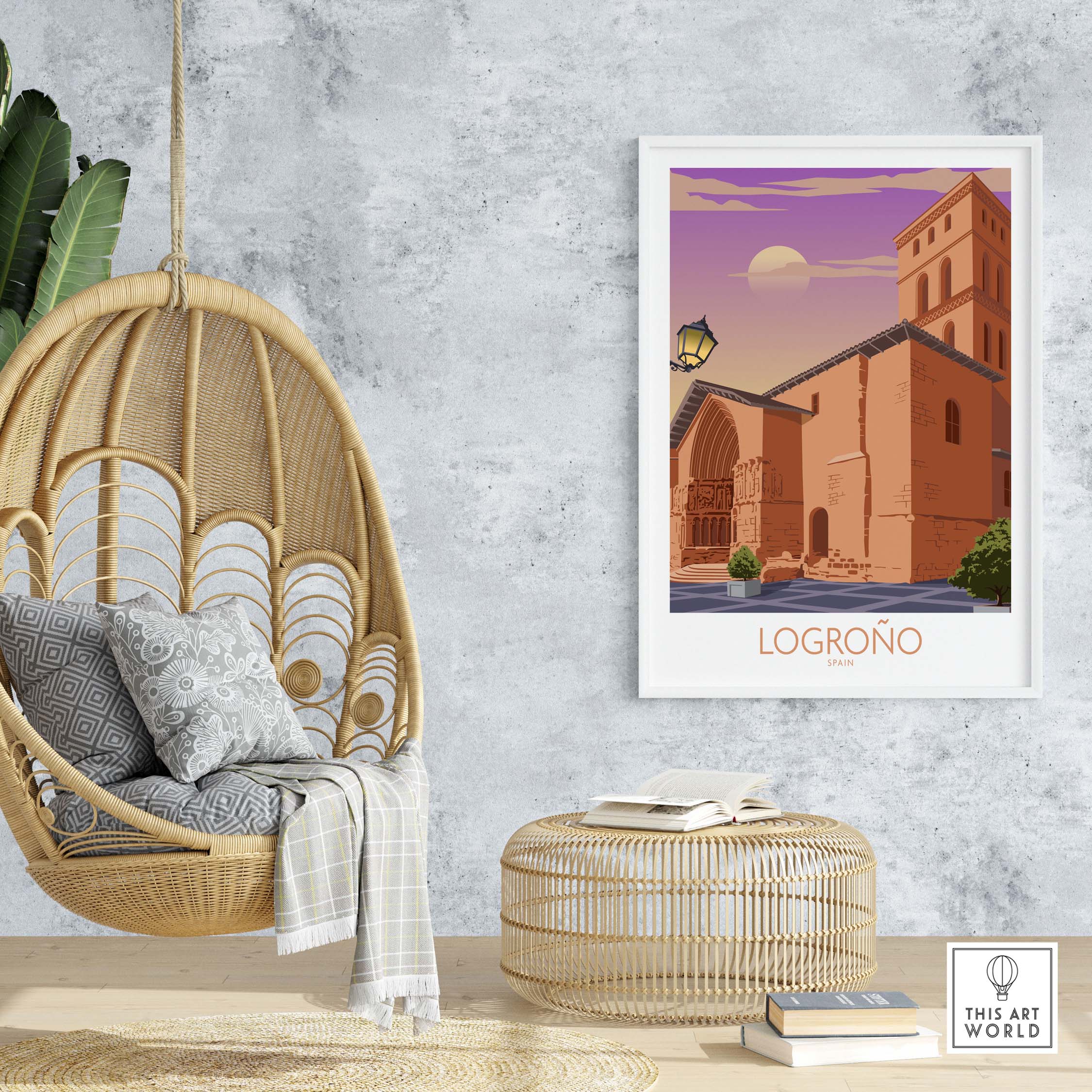 Logrono Spain poster displayed in a modern living space with a hanging chair and stylish decor.