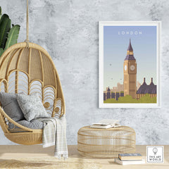 Framed London Print Wall Art Poster featuring Big Ben in a stylish home setting with a hanging chair.