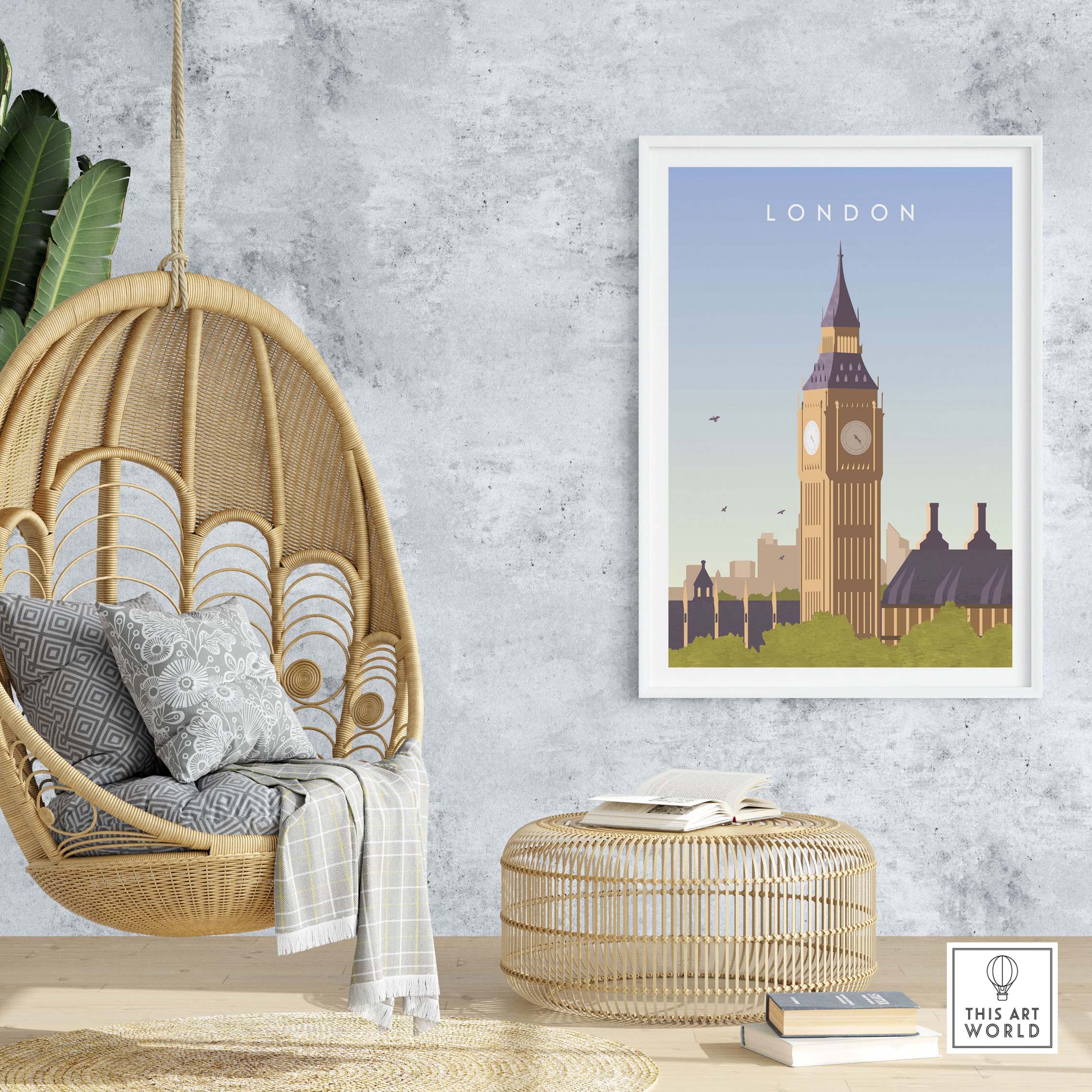 Framed London Print Wall Art Poster featuring Big Ben in a stylish home setting with a hanging chair.