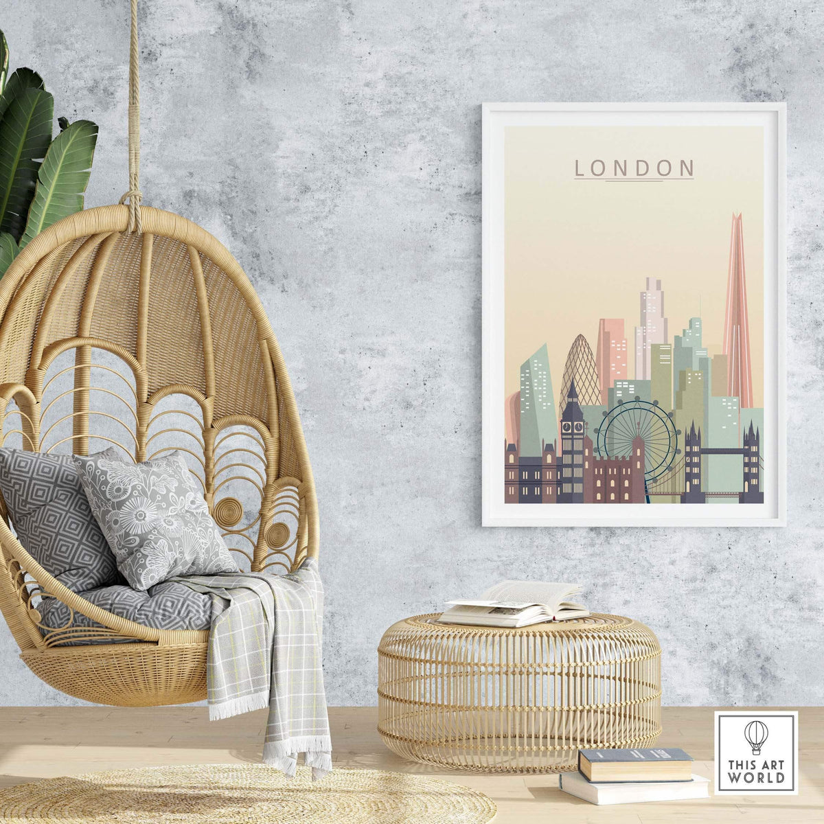 London skyline print wall art featuring iconic landmarks in warm pastel tones, enhancing a stylish interior.