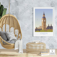 London Print Travel Poster featuring Big Ben in a stylish home setting with a hanging chair and decorative elements.