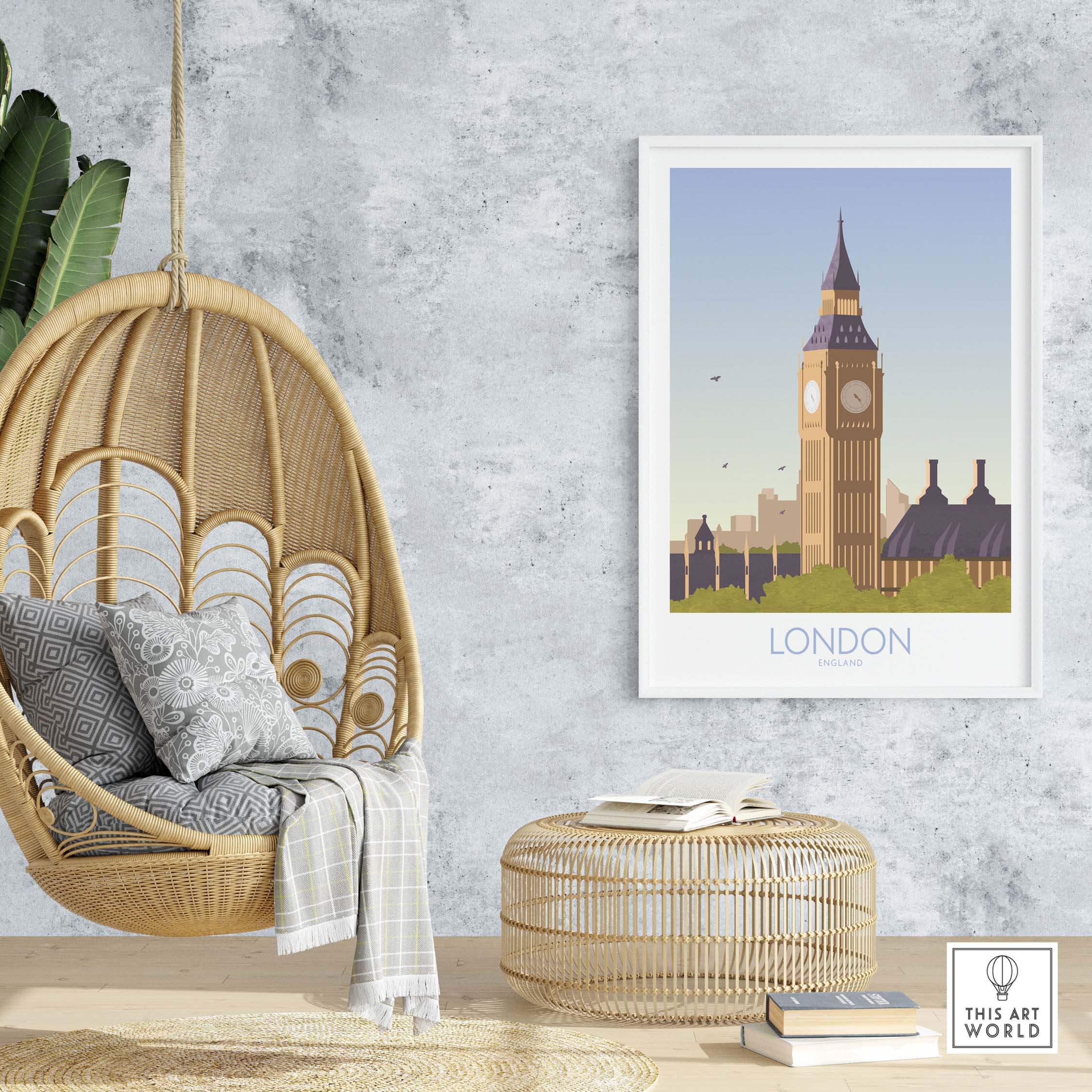 London Print Travel Poster featuring Big Ben in a stylish home setting with a hanging chair and decorative elements.
