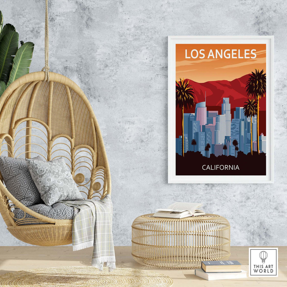 Los Angeles Wall Art Print showcasing a minimalist design in a stylish home setting, perfect for travel-inspired decor.