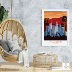 Los Angeles poster print in minimalist style, showcasing city skyline with palm trees and sunset backdrop.
