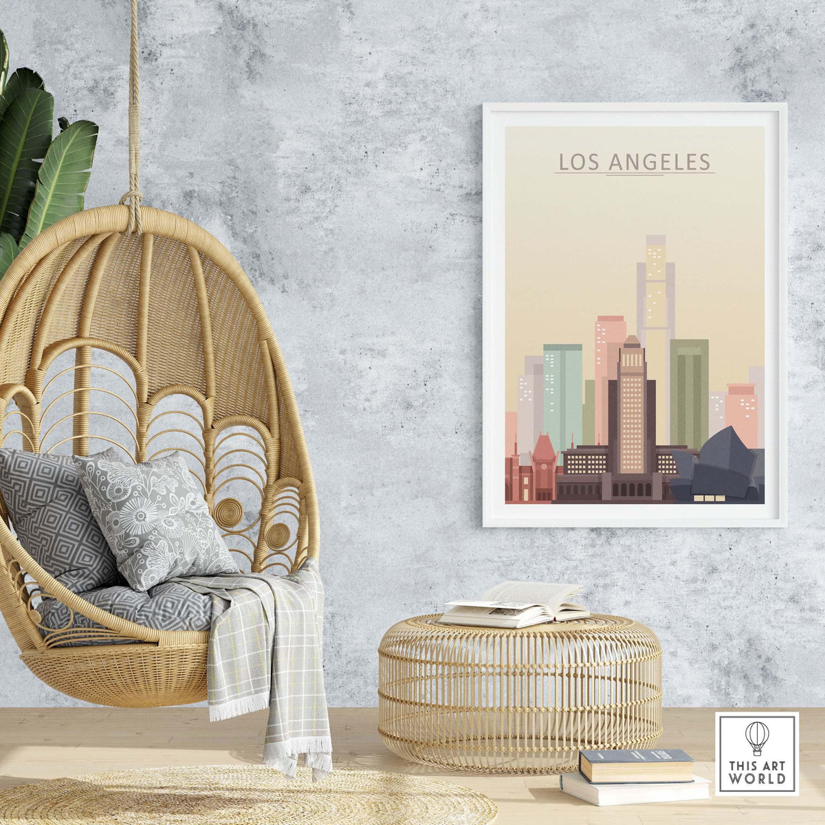 Los Angeles skyline poster in a modern decor setting with a hanging chair and rattan elements.