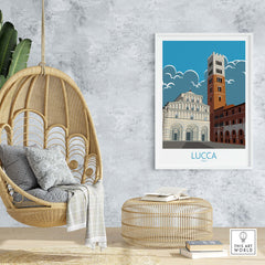 Lucca Print Italy Travel Poster featuring iconic architecture in a stylish interior setting.