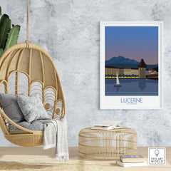 Lucerne Switzerland vintage travel poster framed in cozy interior with hanging chair and wicker table.