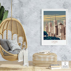 Lyon Poster France Wall Art displayed in a stylish interior setting with a hanging chair and natural decor.