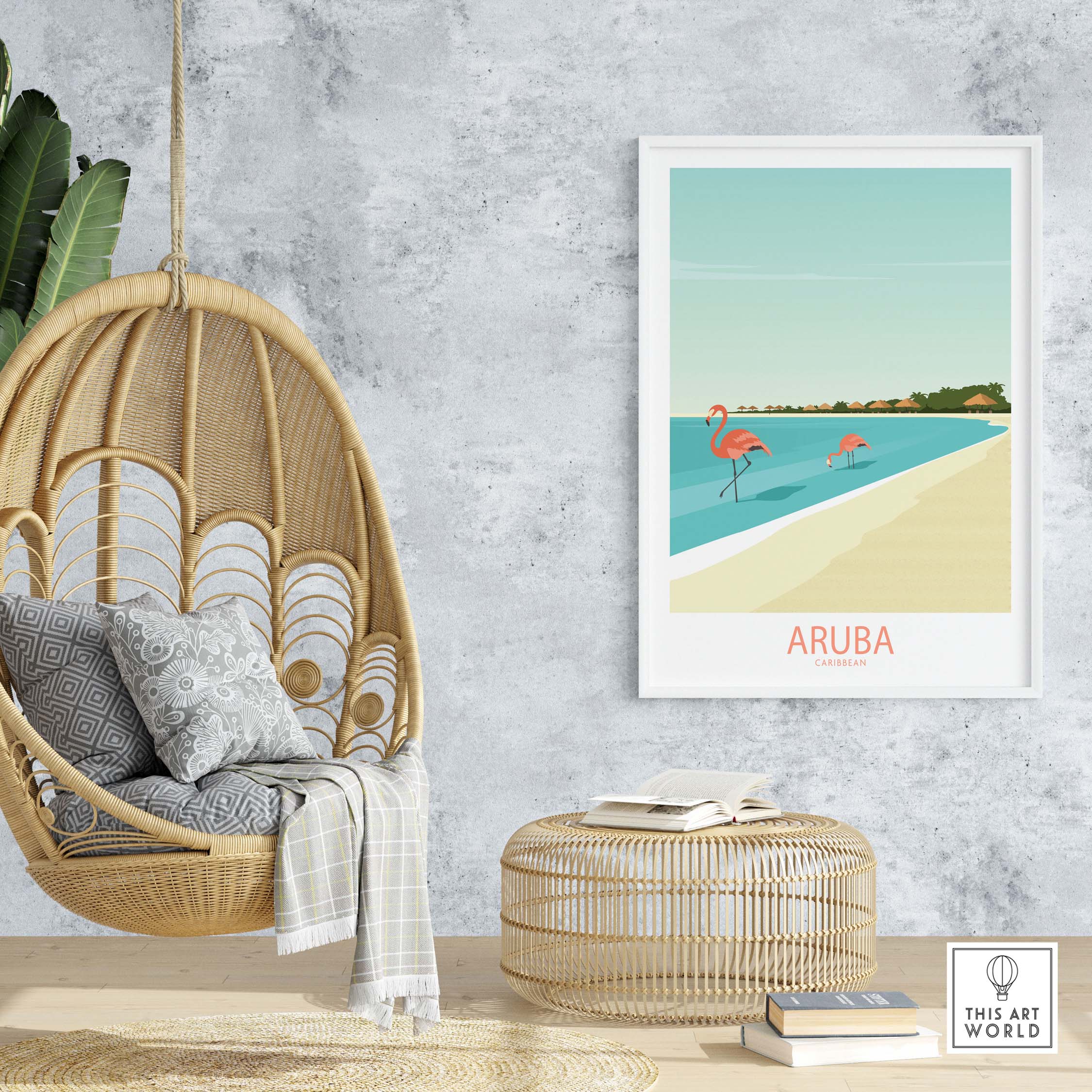 Aruba Caribbean poster featuring flamingos, stylish wall art in a minimalist design for home decor.