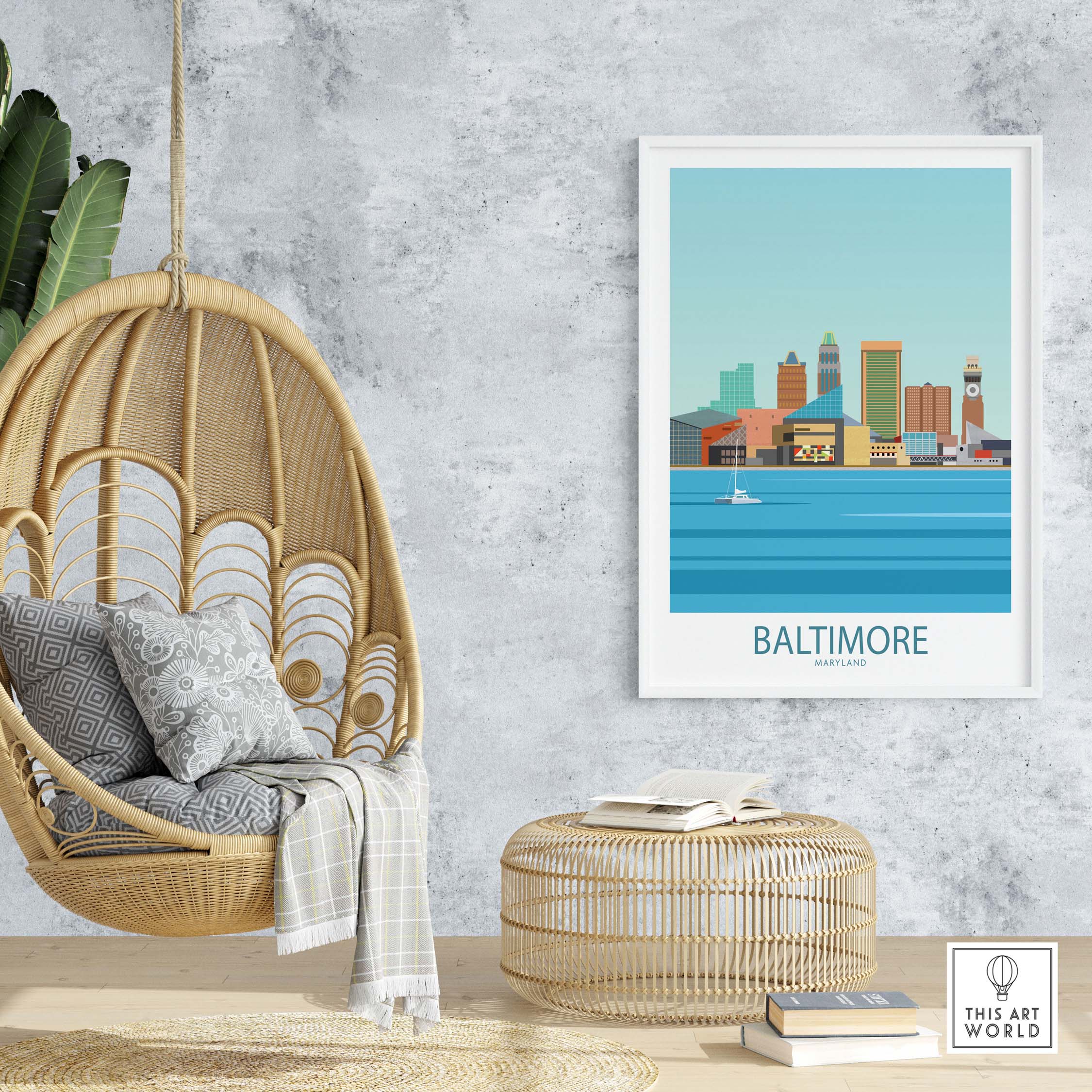 Baltimore poster in a minimalist style, showcasing the skyline and harbor. Perfect wall art for travel enthusiasts.