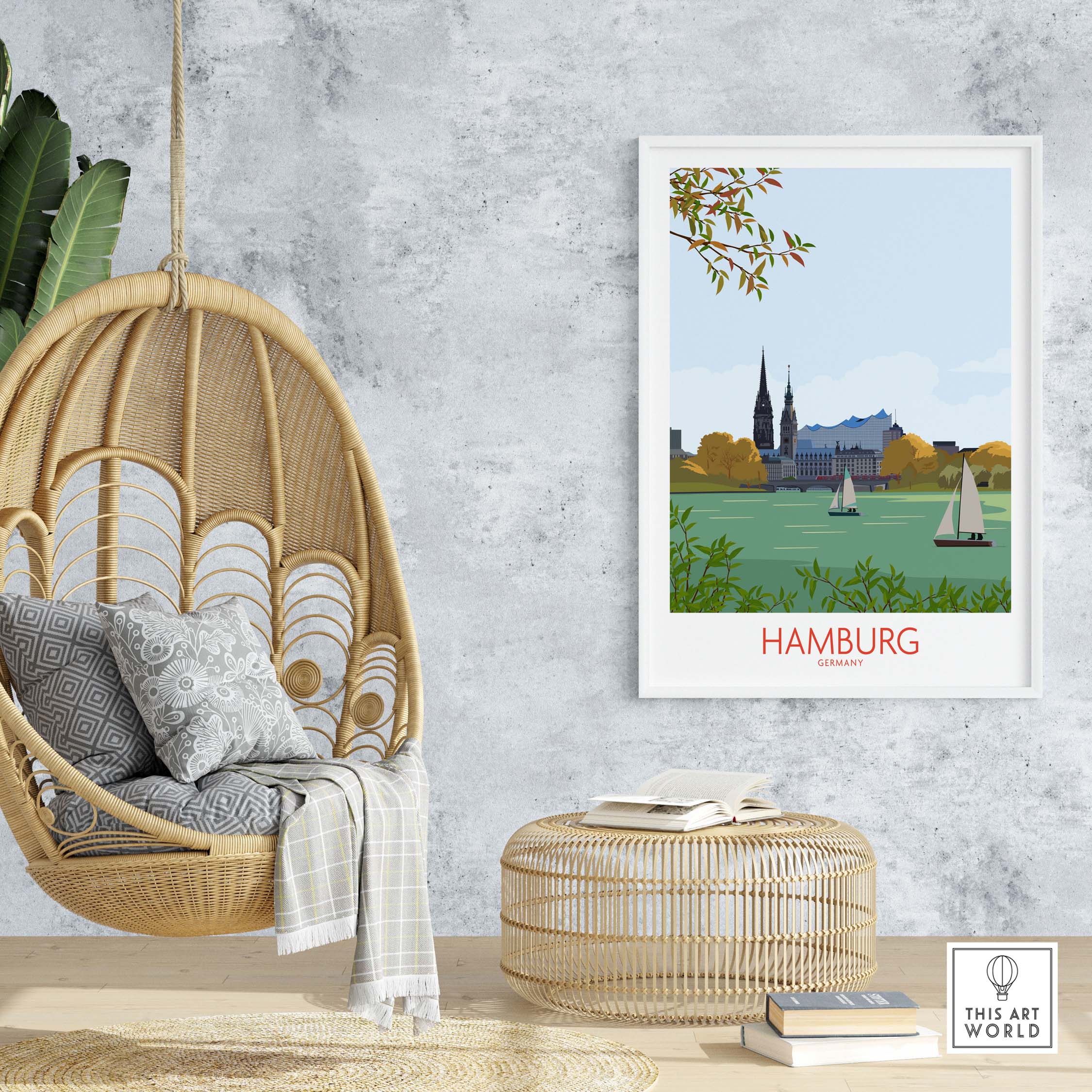 Stylish Hamburg Germany wall art print showcasing the cityscape with vintage charm, perfect for home or office decor.