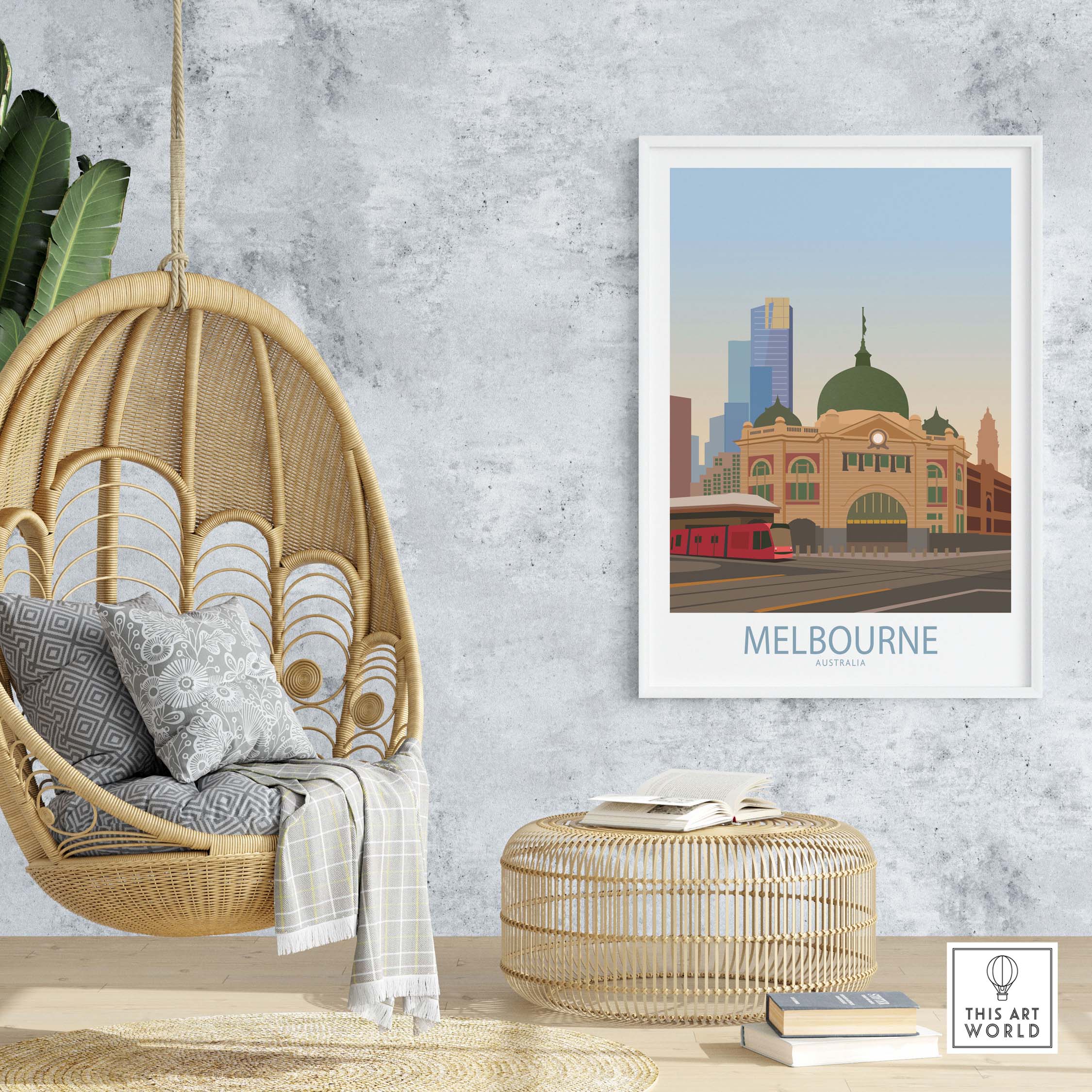 Melbourne poster art showcasing a minimalist design in a stylish home setting with a hanging chair.