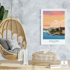 San Juan Puerto Rico print displayed in a stylish home setting with a hanging chair and natural decor.