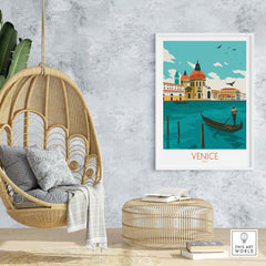 Vintage Venice Italy poster print featuring a gondola in a serene canal, perfect for home decor inspiration.
