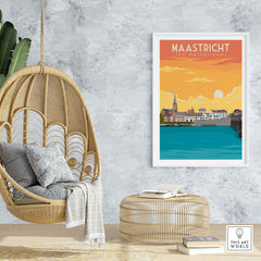 Maastricht Print travel poster displayed in a stylish living space, featuring vibrant colors and scenic waterfront view.