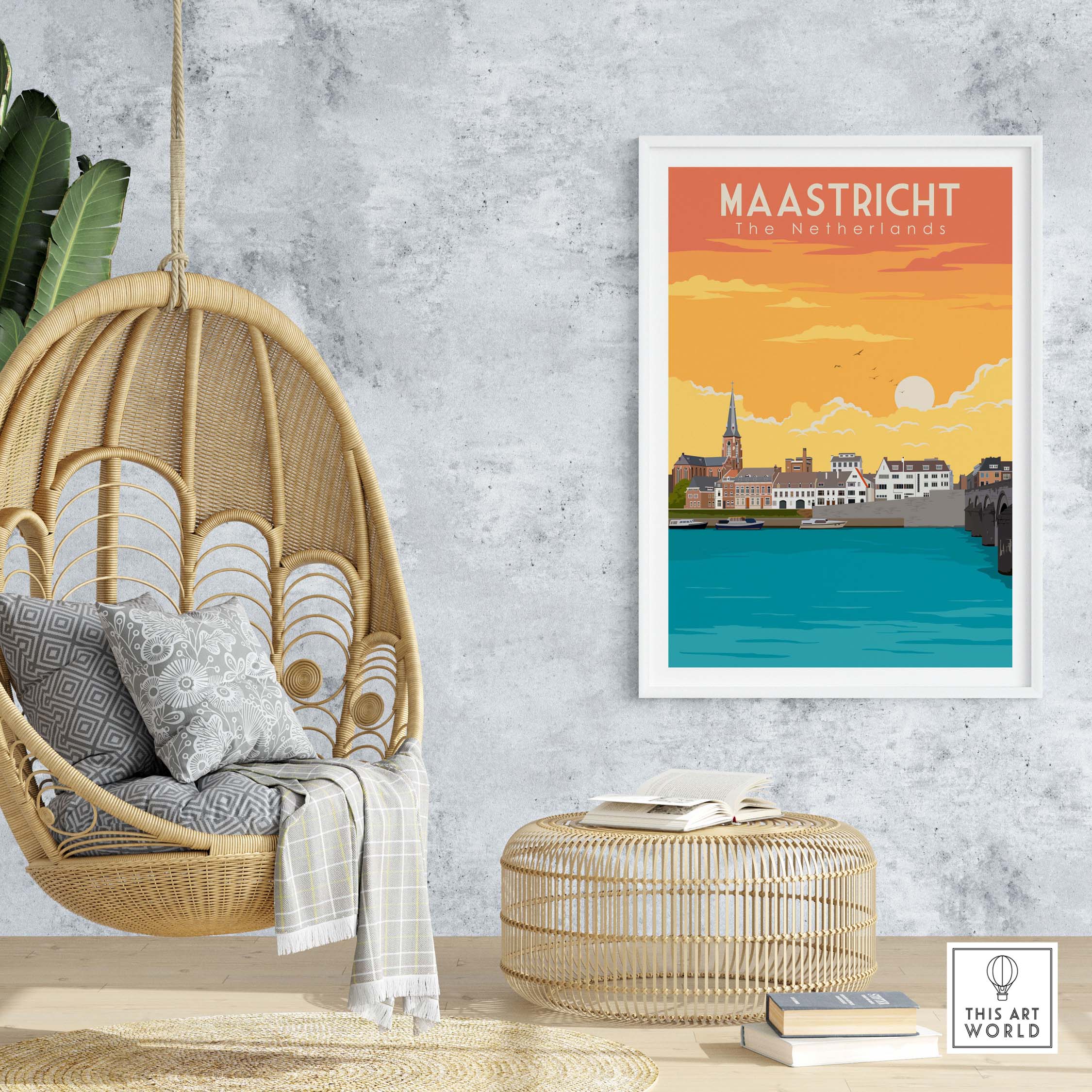 Maastricht Print travel poster displayed in a stylish living space, featuring vibrant colors and scenic waterfront view.