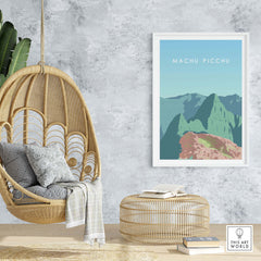 Machu Picchu wall art poster in a stylish living room with a hanging chair and cozy decor.