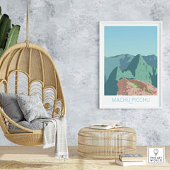 Machu Picchu print displayed in a stylish living room with a hanging chair and natural decor accents.