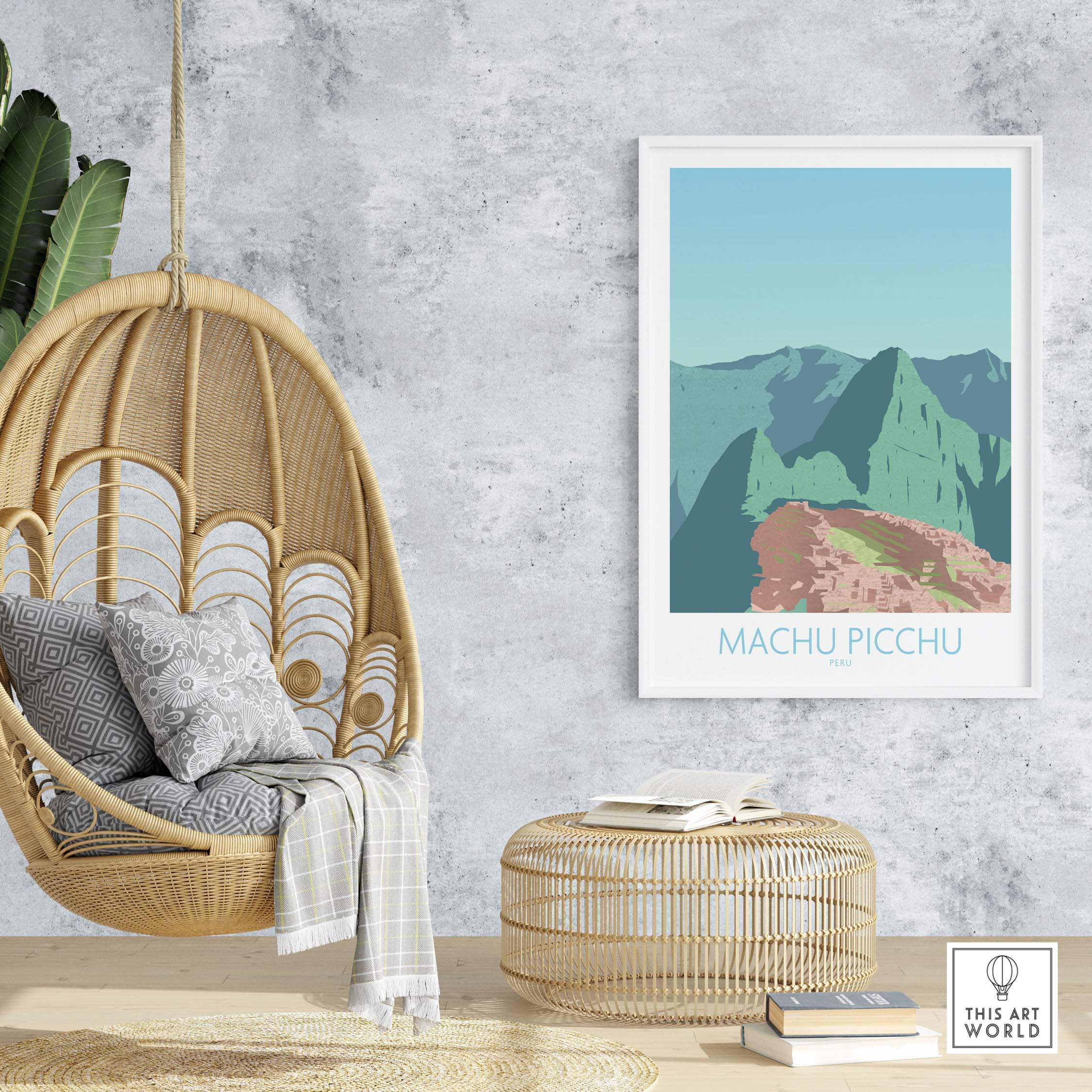 Machu Picchu print displayed in a stylish living room with a hanging chair and natural decor accents.