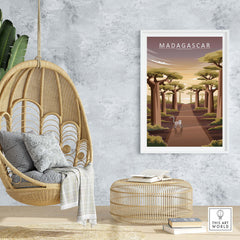 Madagascar Print featuring Avenue of the Baobabs, framed wall art in a stylish interior setting.