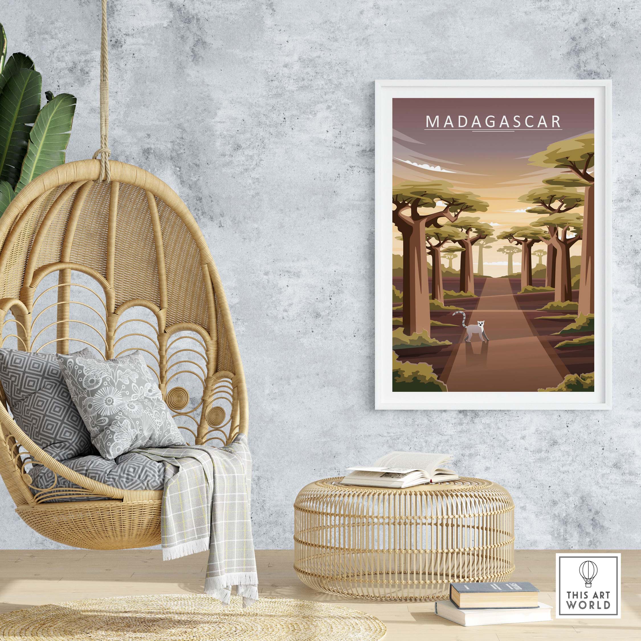 Madagascar Print featuring Avenue of the Baobabs, framed wall art in a stylish interior setting.