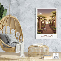 Madagascar travel poster displayed in a stylish room featuring a hanging chair and natural decor.