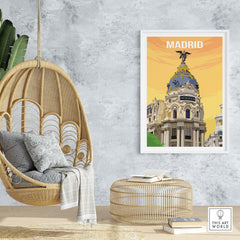 Vintage Madrid print poster art displayed in a modern living space with a stylish hanging chair and decorative elements.