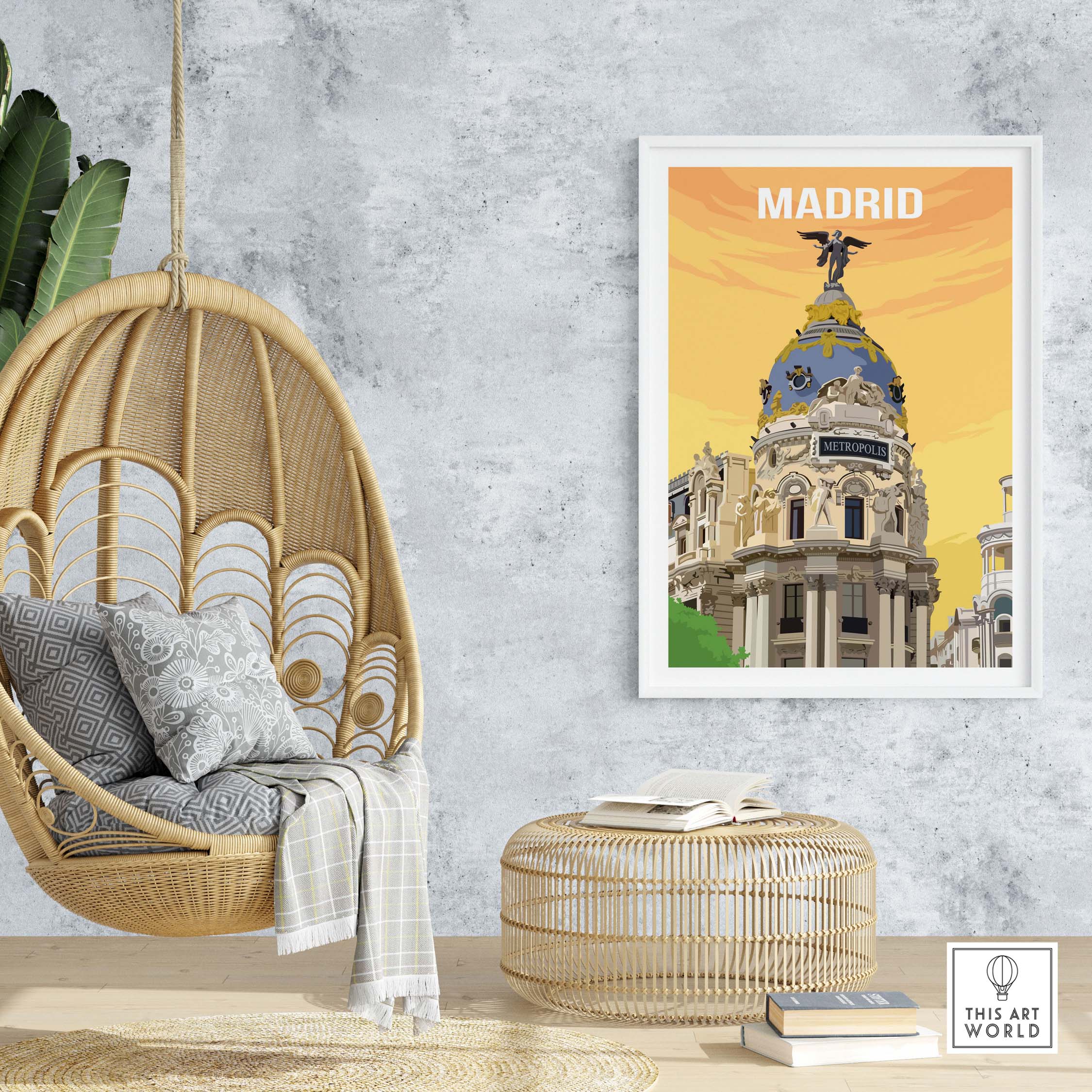 Vintage Madrid print poster art displayed in a modern living space with a stylish hanging chair and decorative elements.
