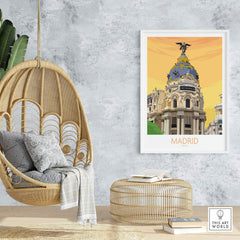 Madrid Print Spain Poster displayed in a stylish home setting with a hanging chair and decor.