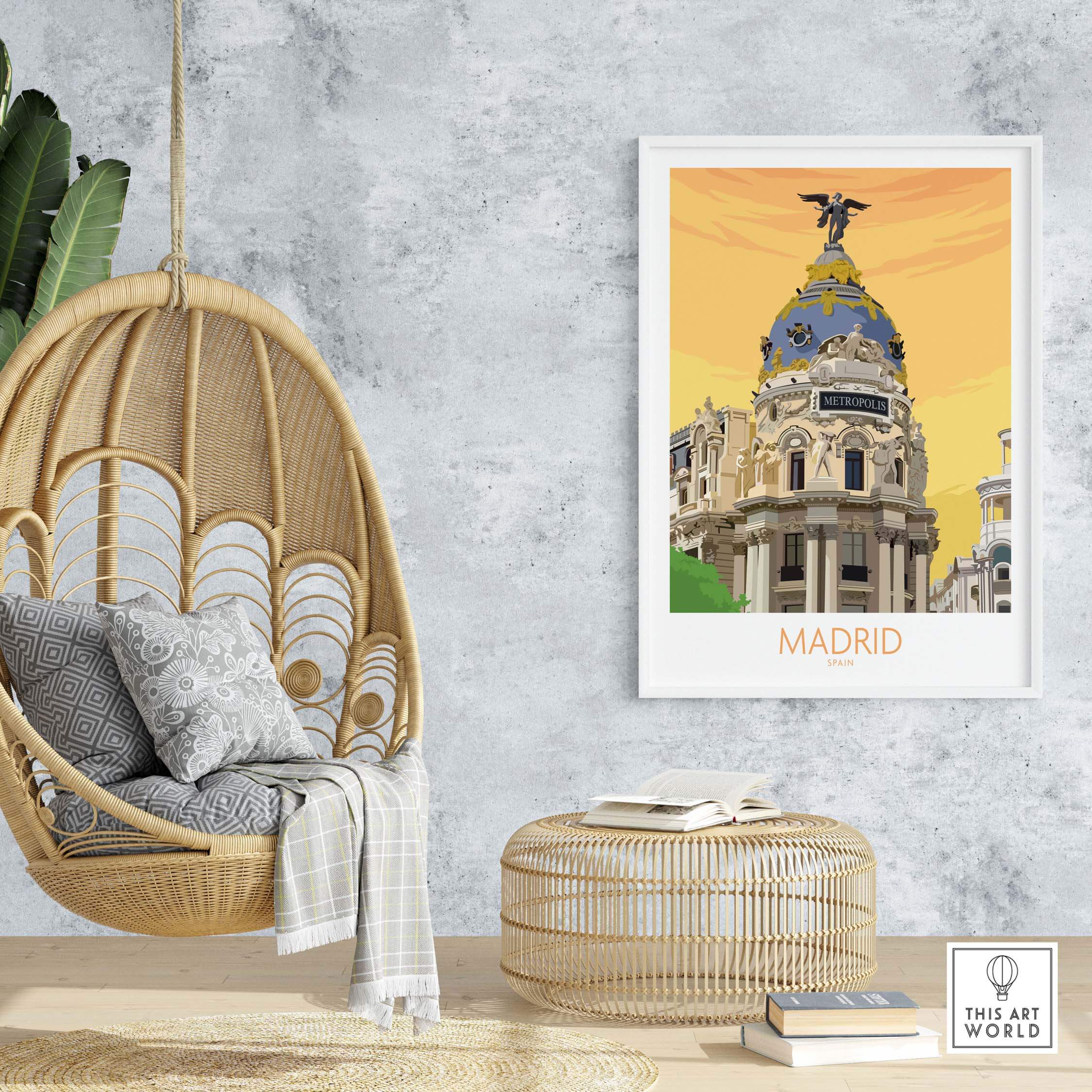Madrid Print Spain Poster displayed in a stylish home setting with a hanging chair and decor.