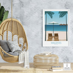 Maldives Print featuring beach chairs and palm trees, perfect for inspiring wanderlust in your home or office.