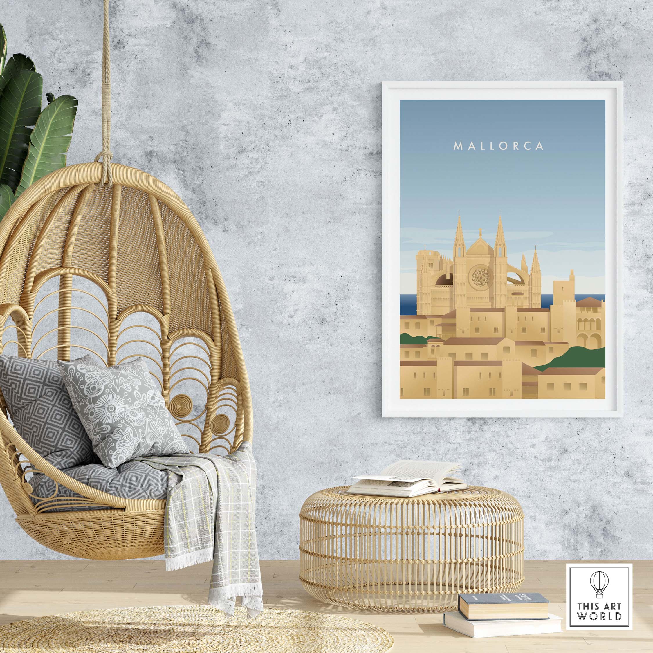 Mallorca wall art poster displayed in a stylish living space with a hanging chair and natural decor.