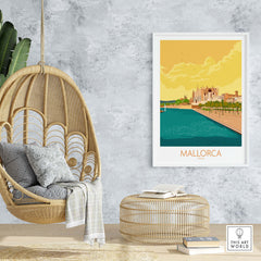 Mallorca Poster Spain displayed in a stylish setting with a hanging chair and a cozy atmosphere.