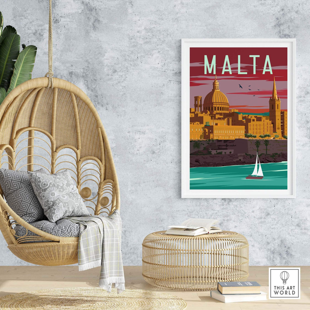 Malta poster print wall art displayed in a cozy interior with hanging chair and natural decor.
