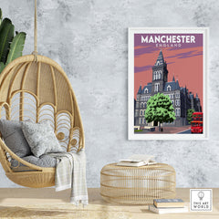 Manchester poster print featuring iconic architecture and a red bus, styled in vintage travel art.
