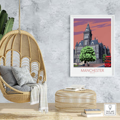 Manchester Art Print featuring vintage-style architecture in a cozy living space with a hanging chair and stylish decor.