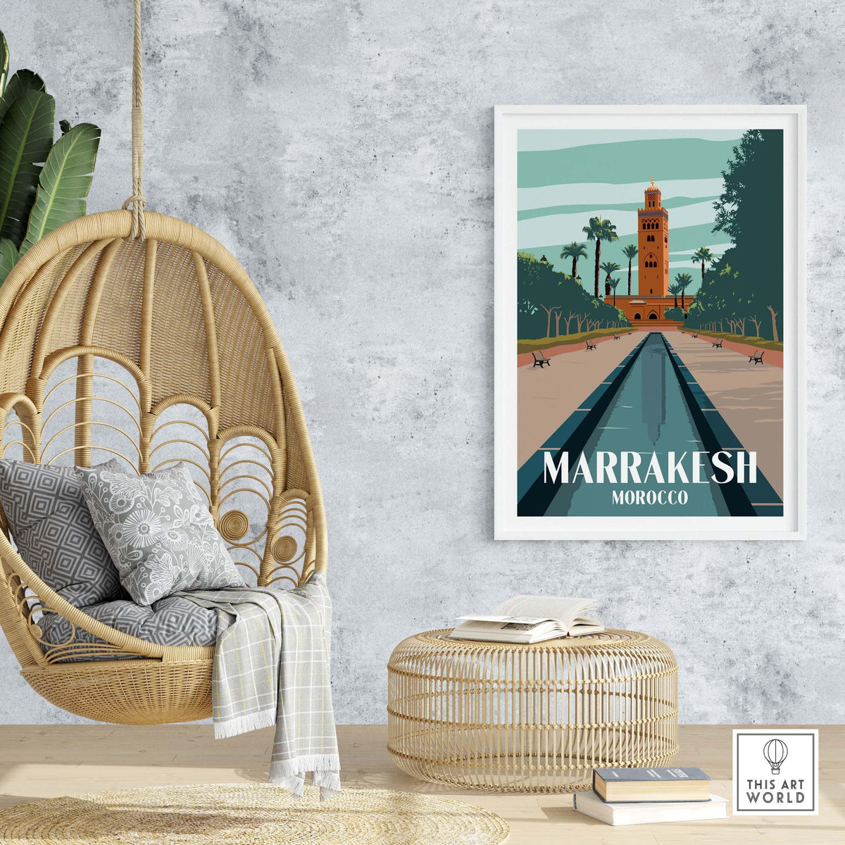 Marrakesh Print Morocco Poster displayed in a stylish home setting, showcasing vintage travel art inspired by Morocco.