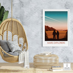 Mars poster print titled 'Mars Explorers' displayed in a stylish living room with hanging chair and woven accents.