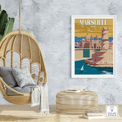 Framed Marseille print art showcasing a coastal scene, perfect for travel-inspired home decor.