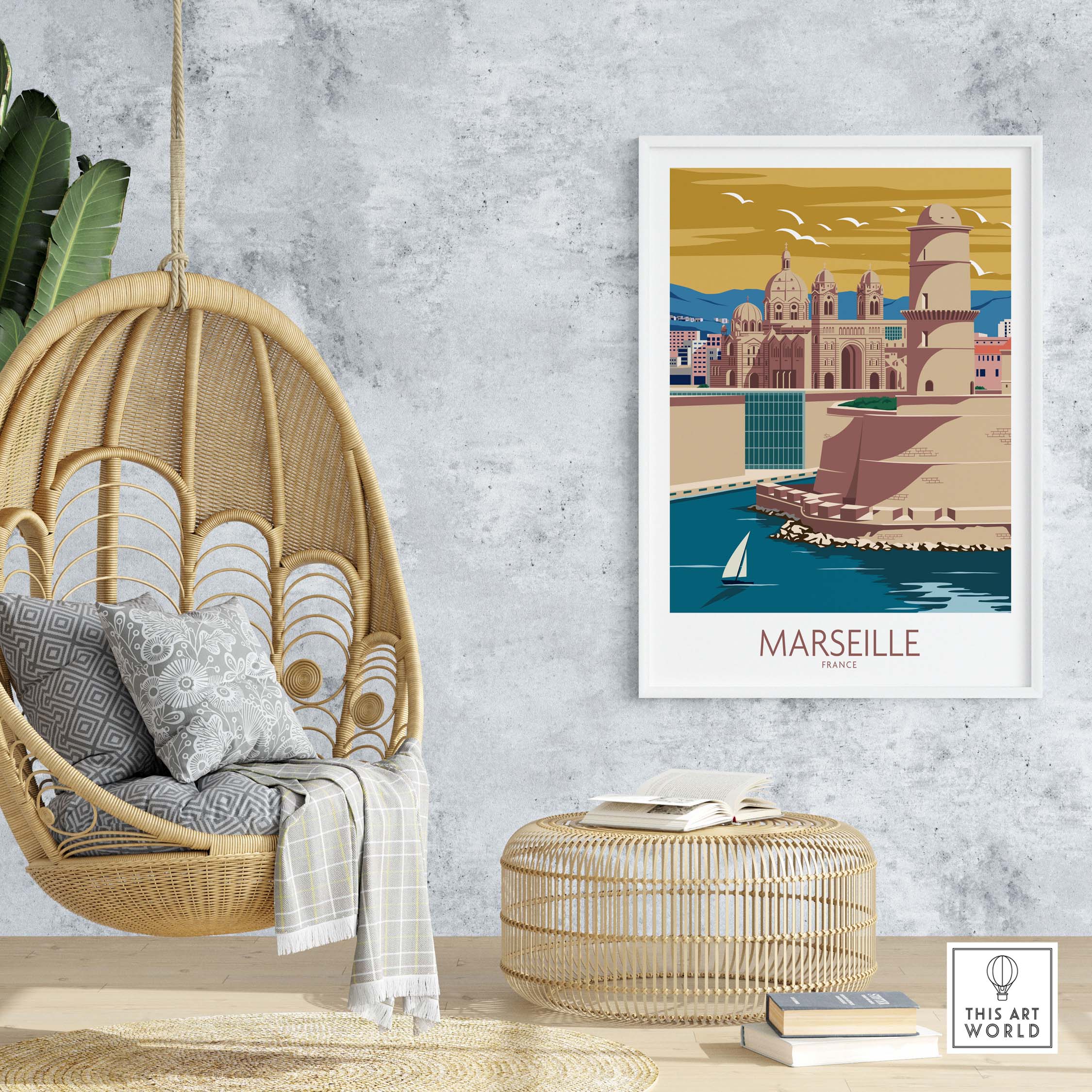 Marseille Poster France Wall Art showcasing vintage-style travel art in a stylish home setting.