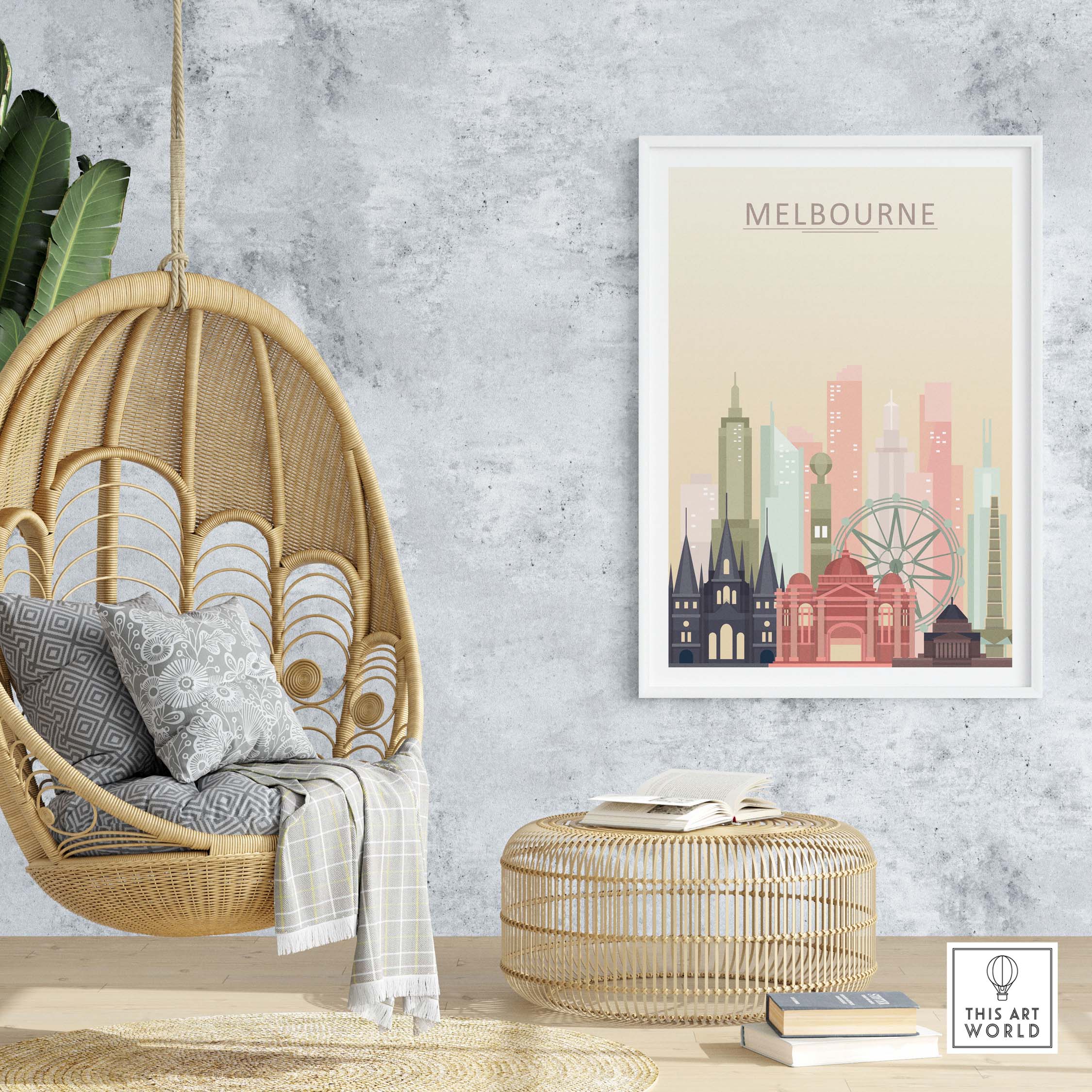 Melbourne skyline print showcasing iconic architecture in warm pastel tones, hanging in a cozy interior setting.