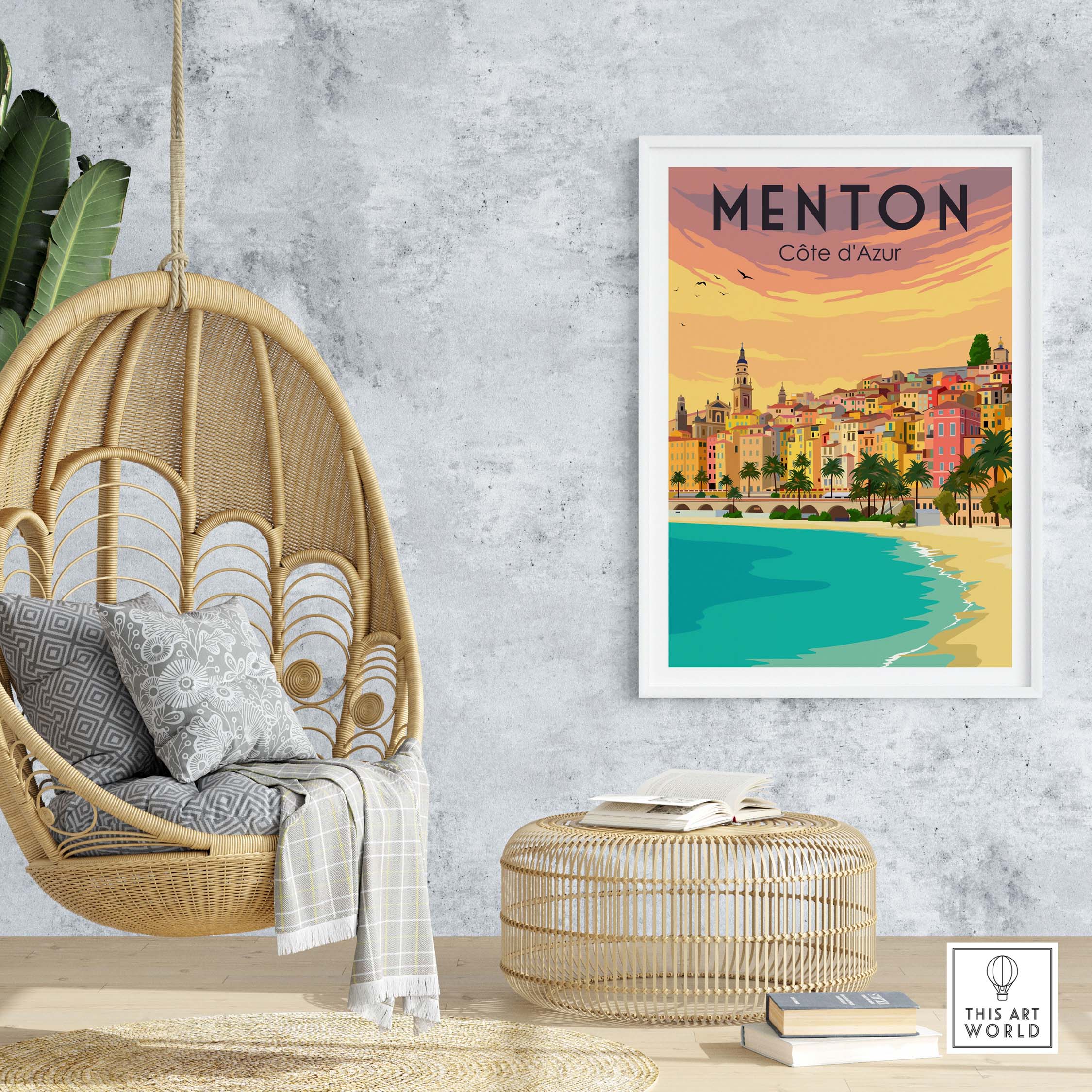 Menton France vintage poster art in stylish home decor setting with hanging chair and decorative elements.